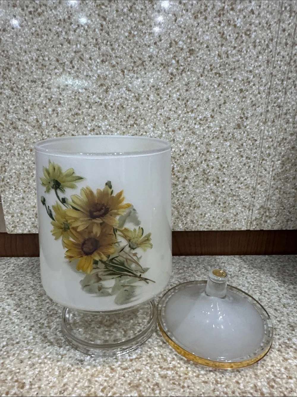 MCM Lidded Apothecary Jar Yellow Daisies  Frosted Glass